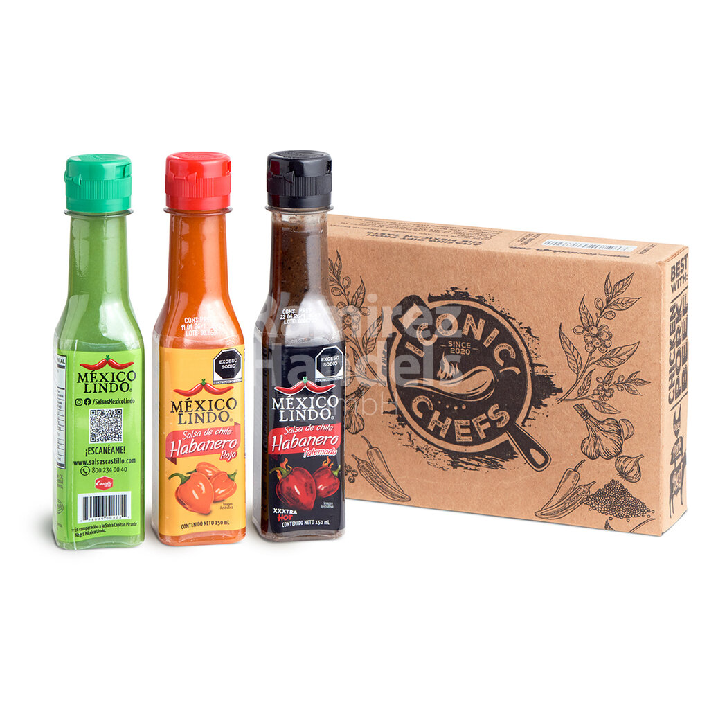 [MX2264] Habanero Chili Sauce Geschenkset  MEXICO LINDO- ICONIC CHEFS 3 Pzas 150 ml c/u